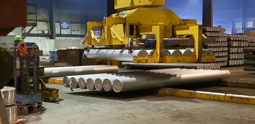 Forklift handling recycled aluminium logs in a metal plant