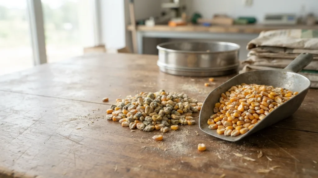 Animal feed ingredients including maize and pulses with a sieve for feed quality checks