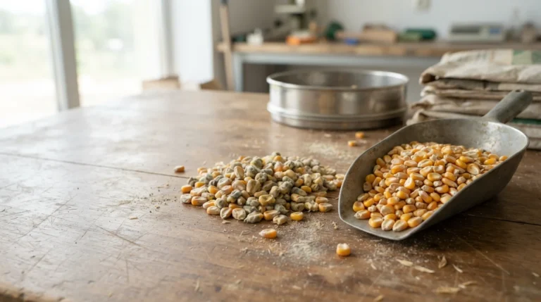 Animal feed ingredients including maize and pulses with a sieve for feed quality checks