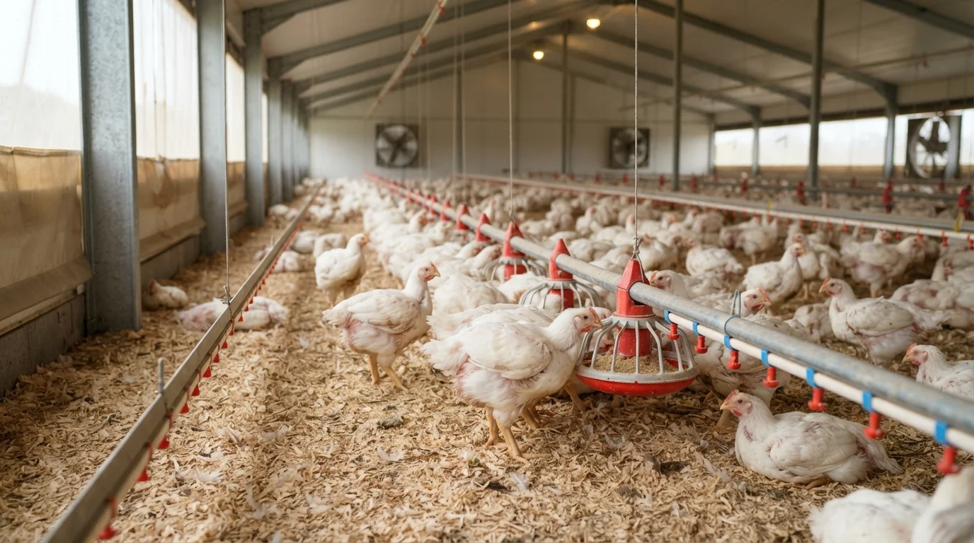 Broiler chickens eating at pan feeders in a litter-floor poultry house