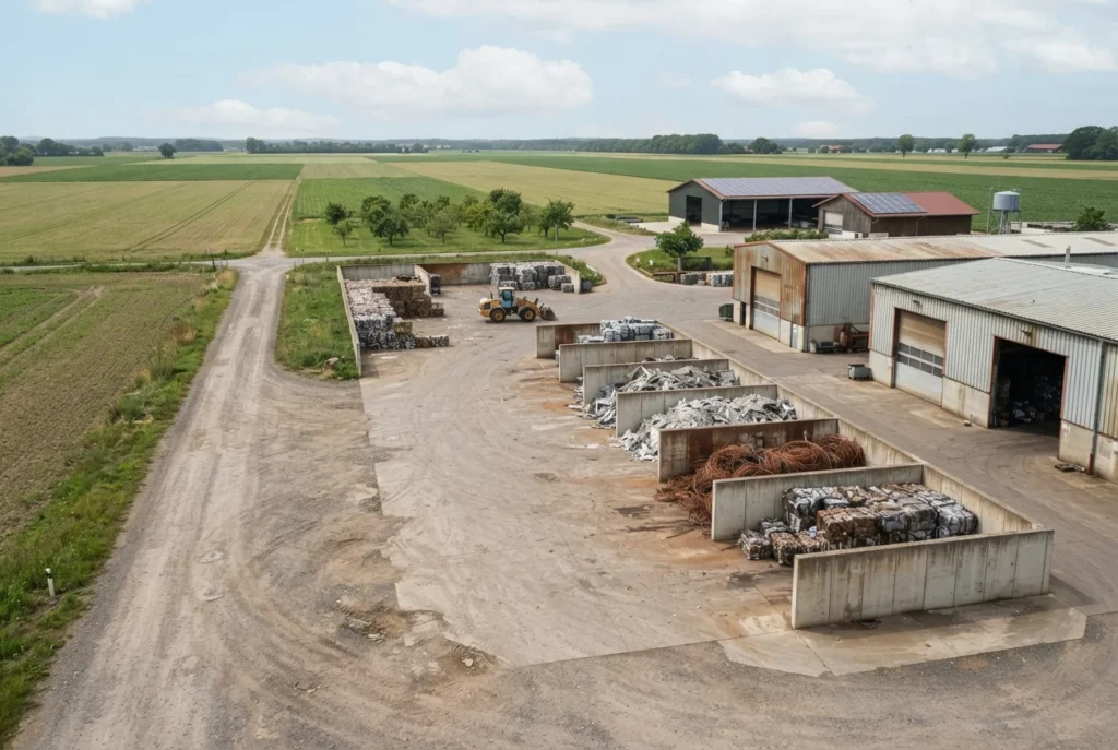 Commercial scrap metal collection bins arranged at an industrial recycling yard