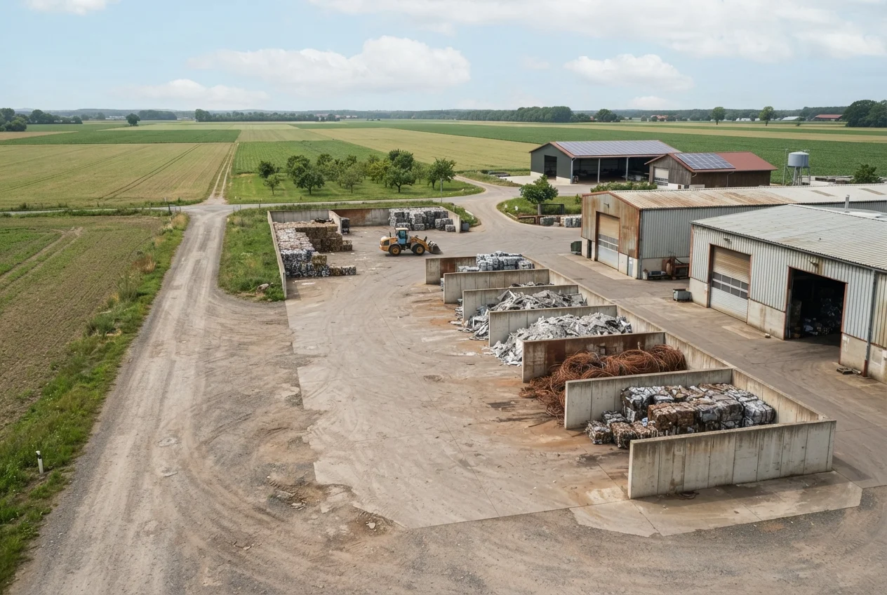 Commercial scrap metal collection bins arranged at an industrial recycling yard