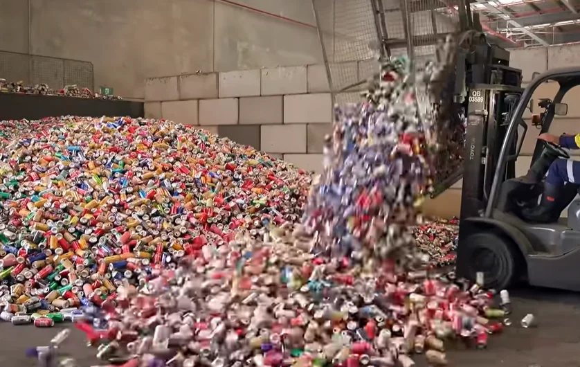 Crushed aluminium beverage cans being unloaded for recycling