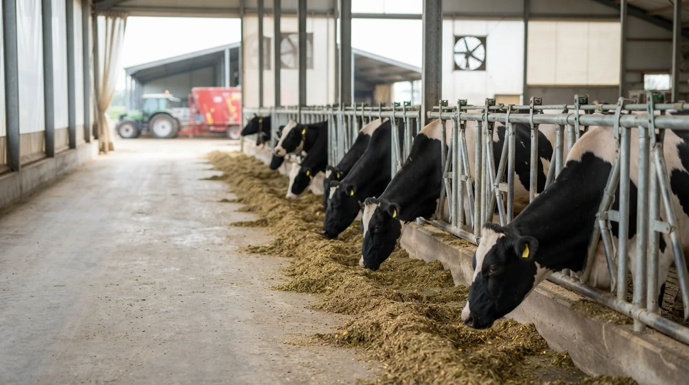 Holstein dairy cows eating mixed ration at the feed bunk in a free-stall barn