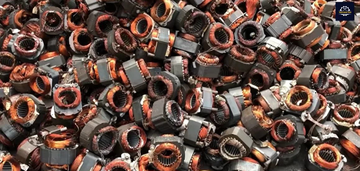 Scrap electric motor stators with copper windings sorted for recycling