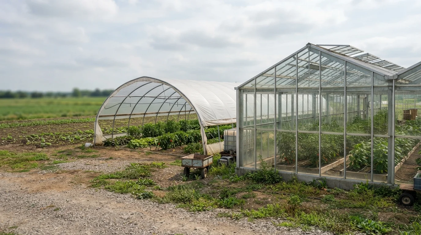 Glass greenhouse next to a high tunnel polyhouse used for protected vegetable farming