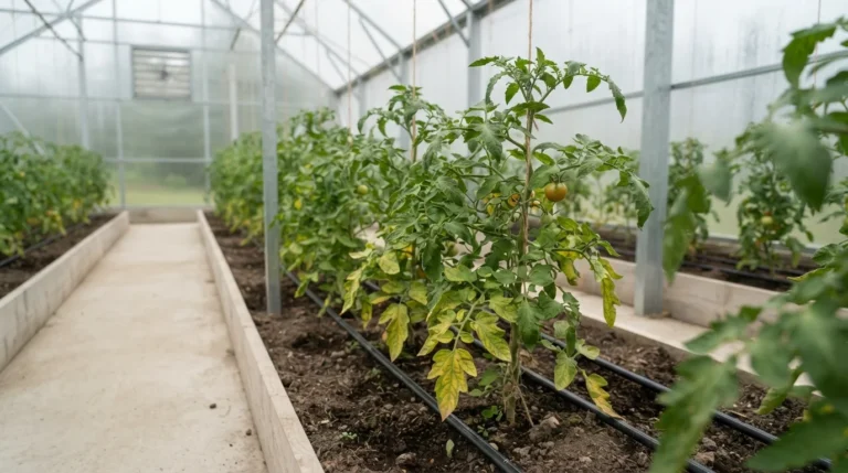 Tomato plants on drip irrigation inside a greenhouse