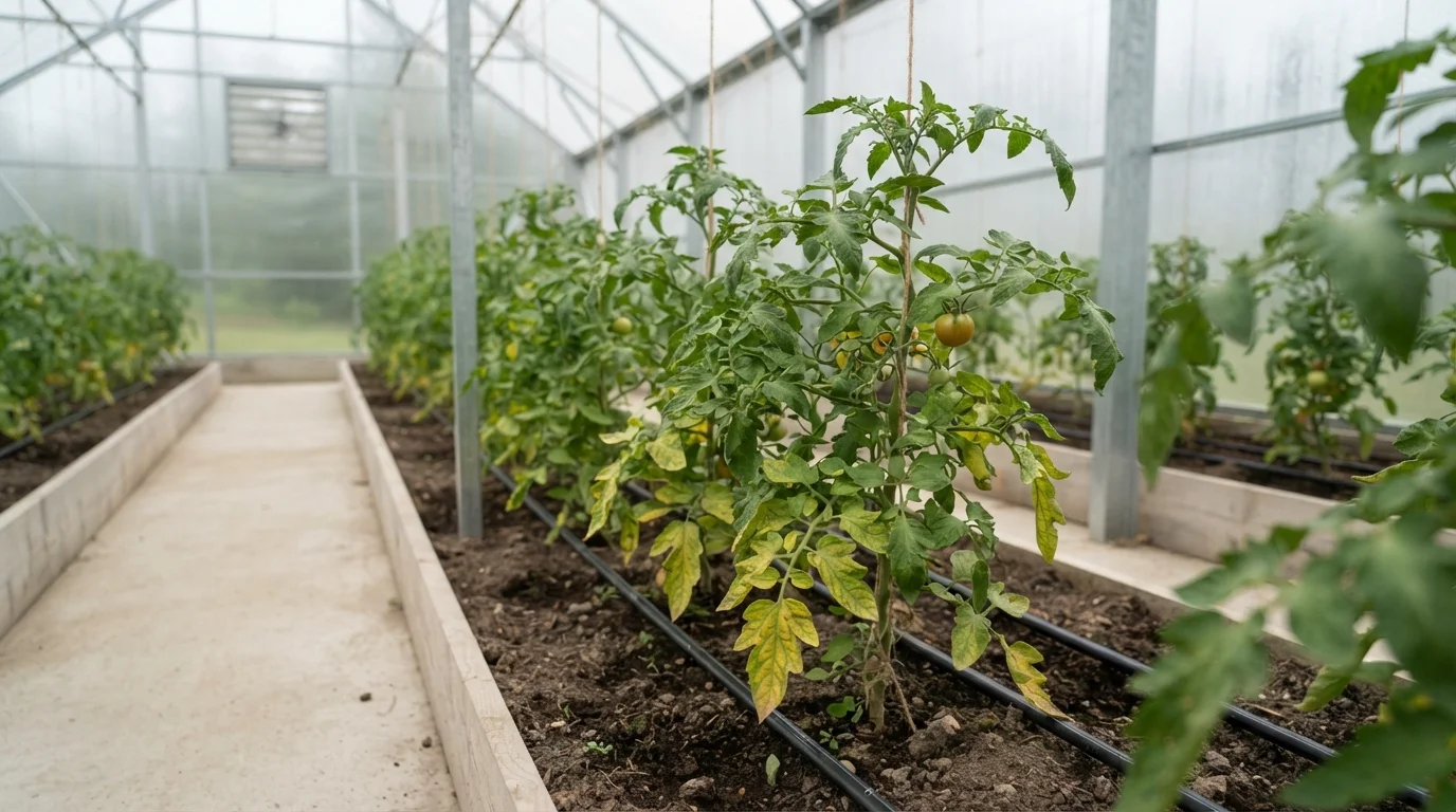 Tomato plants on drip irrigation inside a greenhouse