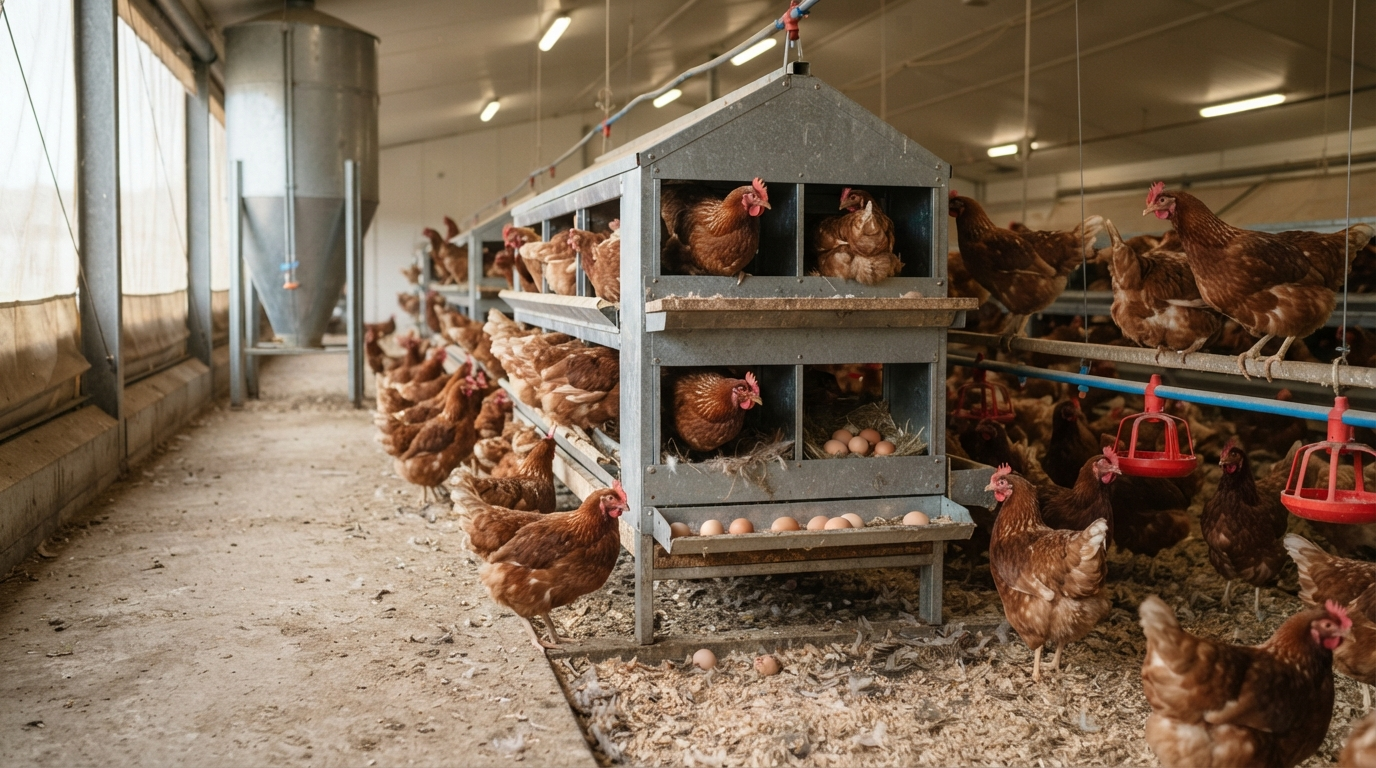 Brown layer hens in nest boxes inside a commercial poultry house