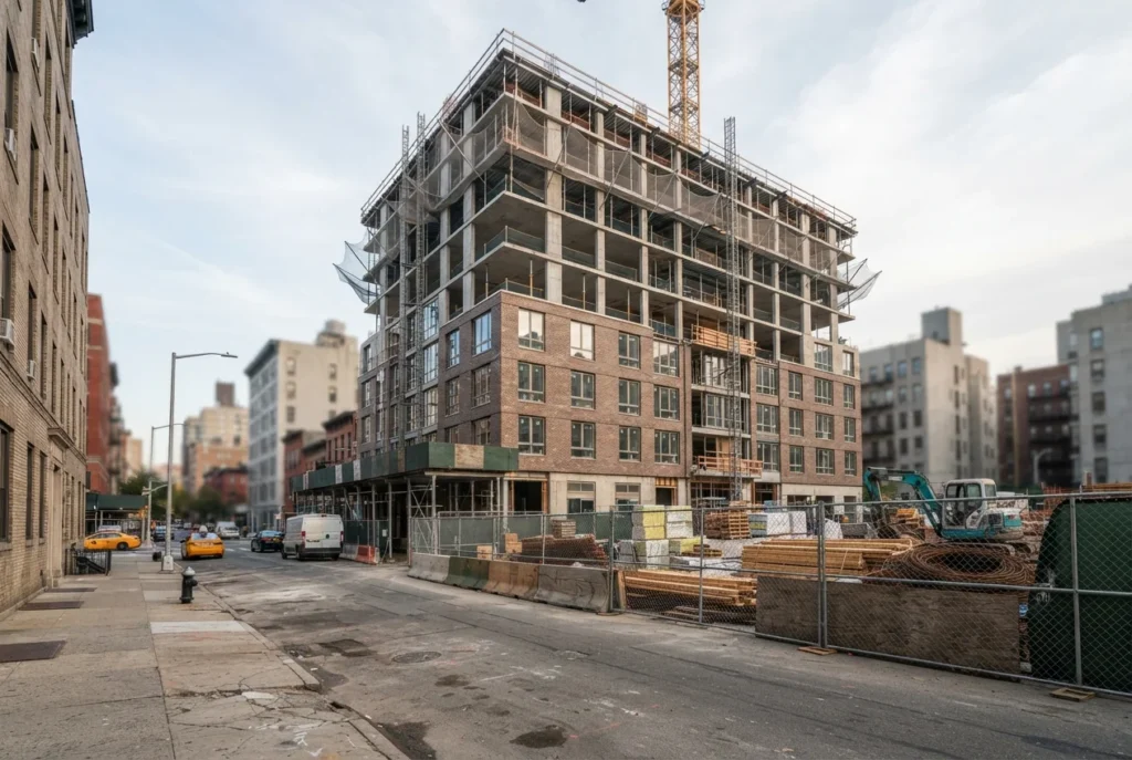 Brick apartment building under construction on a New York street