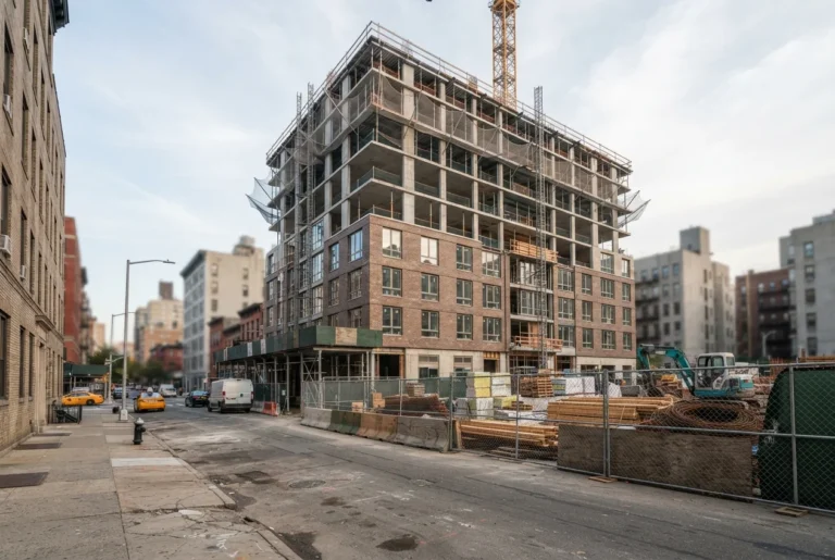 Brick apartment building under construction on a New York street