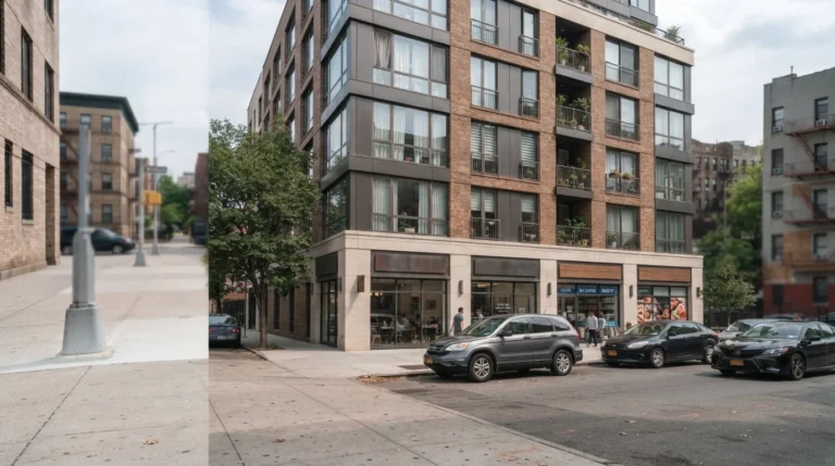 Modern mixed-use apartment building with ground-floor retail on a New York street