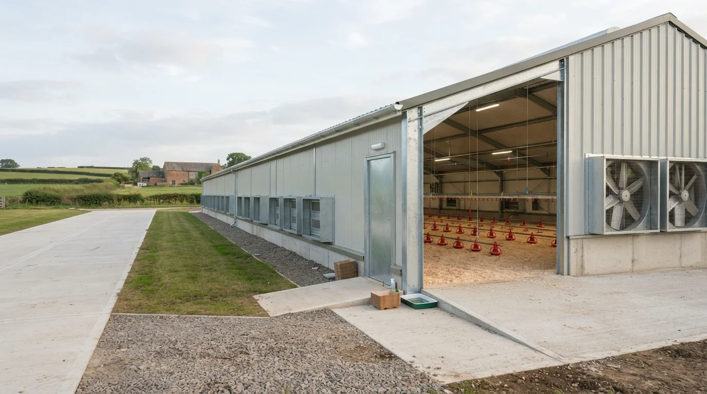 Exterior of a modern poultry house with side cooling pads to reduce heat stress
