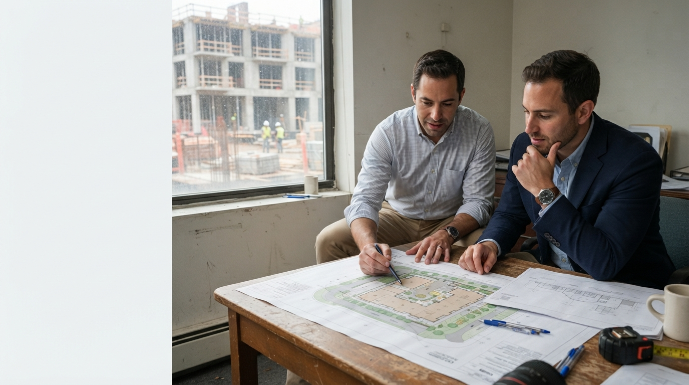Real estate partners reviewing development site plans at a New York office table