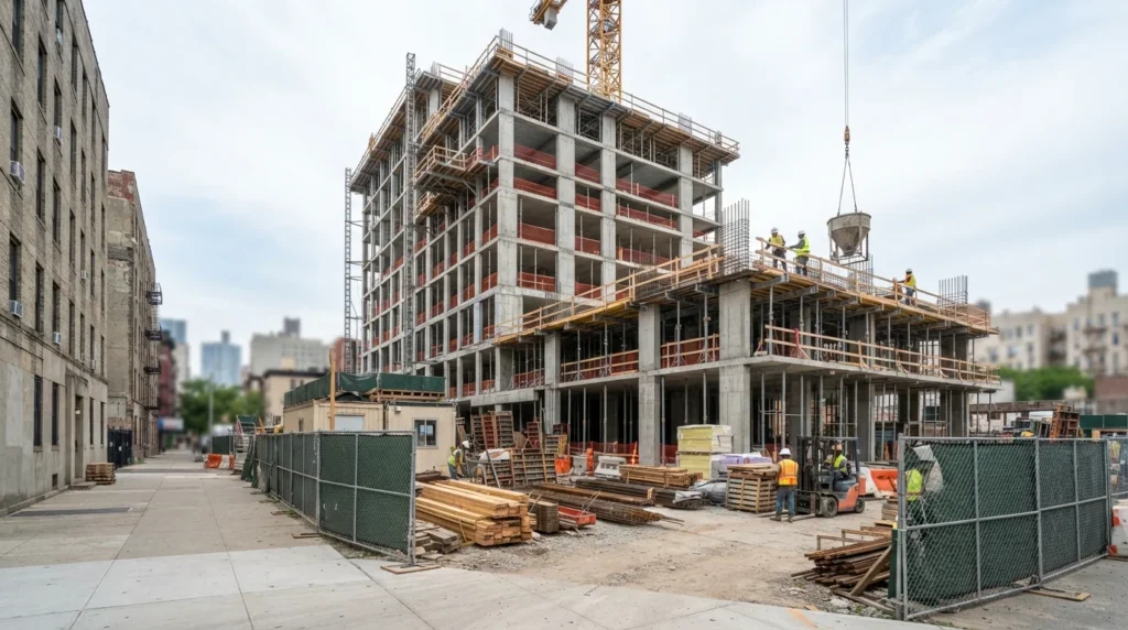 Mid-rise residential building under construction with crane on a New York joint venture site