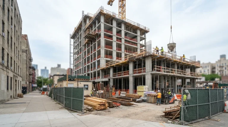Mid-rise residential building under construction with crane on a New York joint venture site