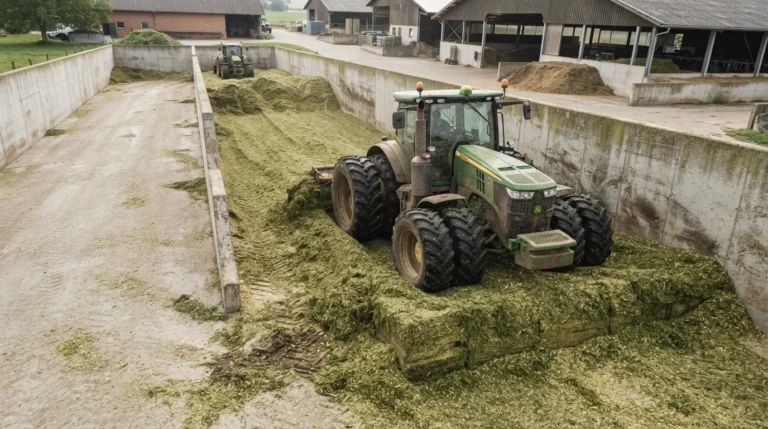 Tractor packing chopped forage in a bunker silo to make good silage