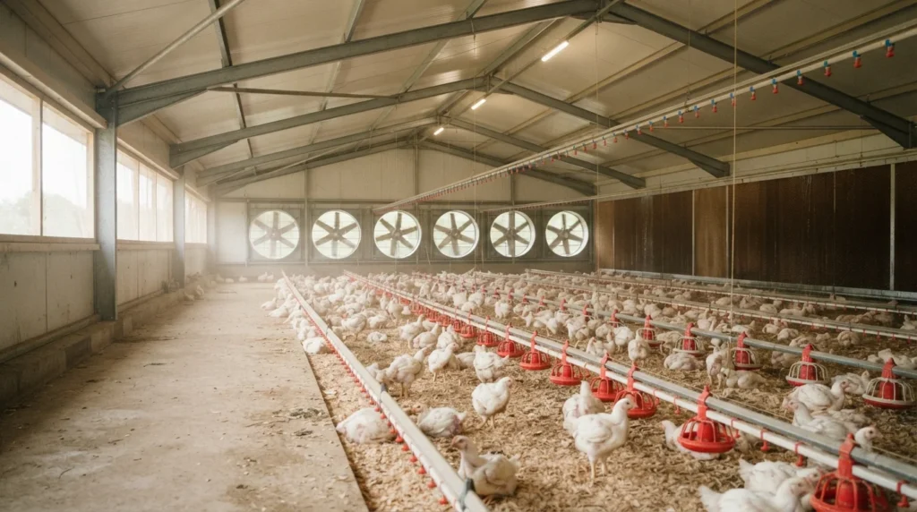 Broiler chickens in a tunnel-ventilated poultry house with exhaust fans and pan feeders