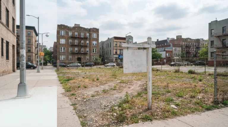 Vacant lot with a for-sale sign between apartment buildings in New York