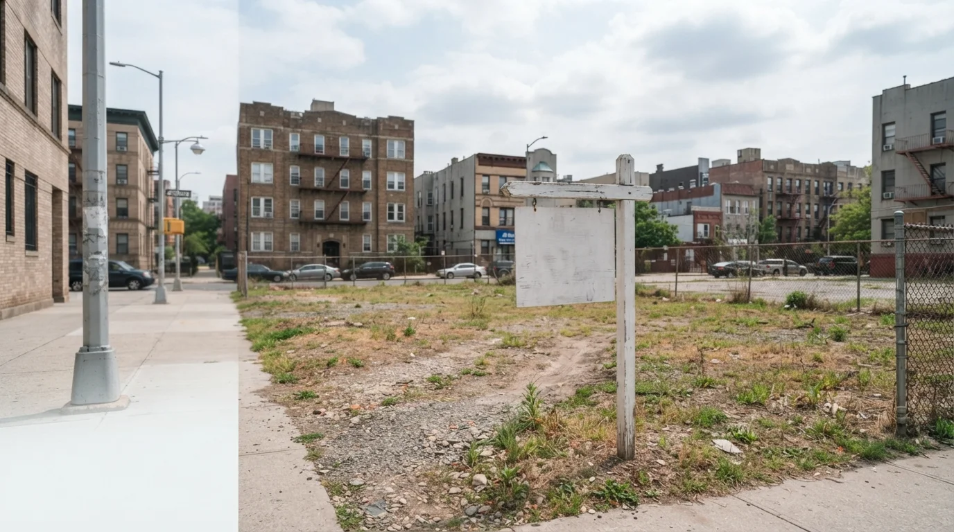 Vacant lot with a for-sale sign between apartment buildings in New York